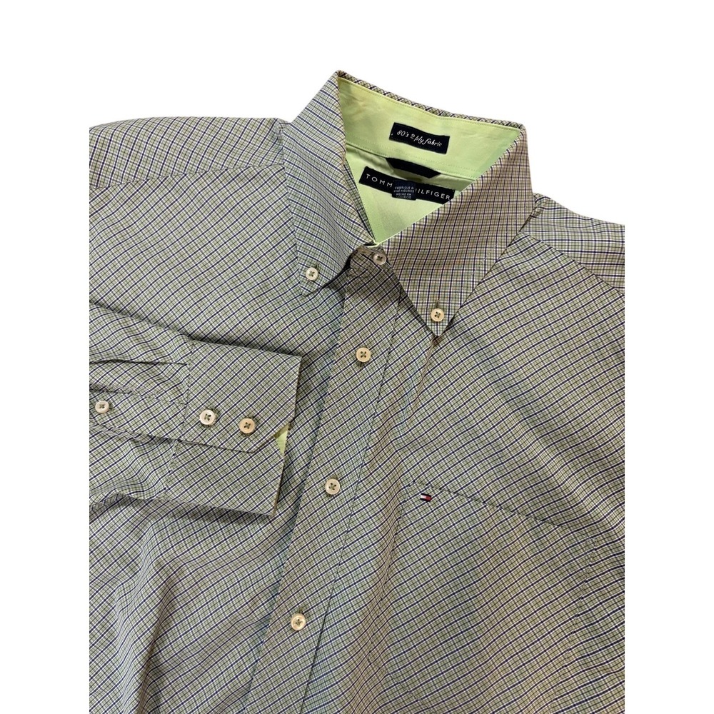 TOMMY HILFIGER Button Up‎ Shirt Mens Large Green Check Long Sleeve 80s 2 Ply